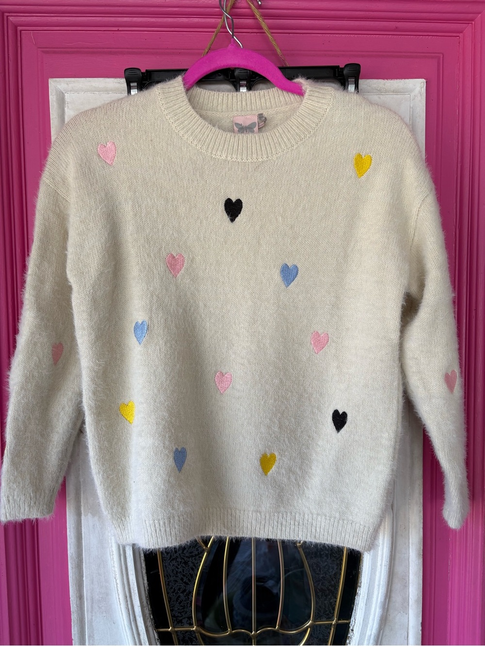 Paper Crane Cream Crewneck Sweater with Multicolor Hearts